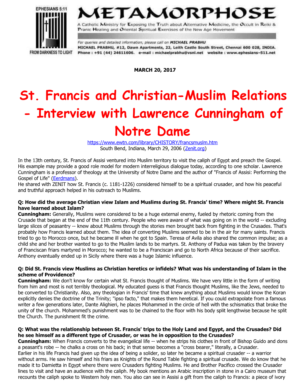 St. Francis and Christian-Muslim Relations - Interview with Lawrence Cunningham of Notre Dame