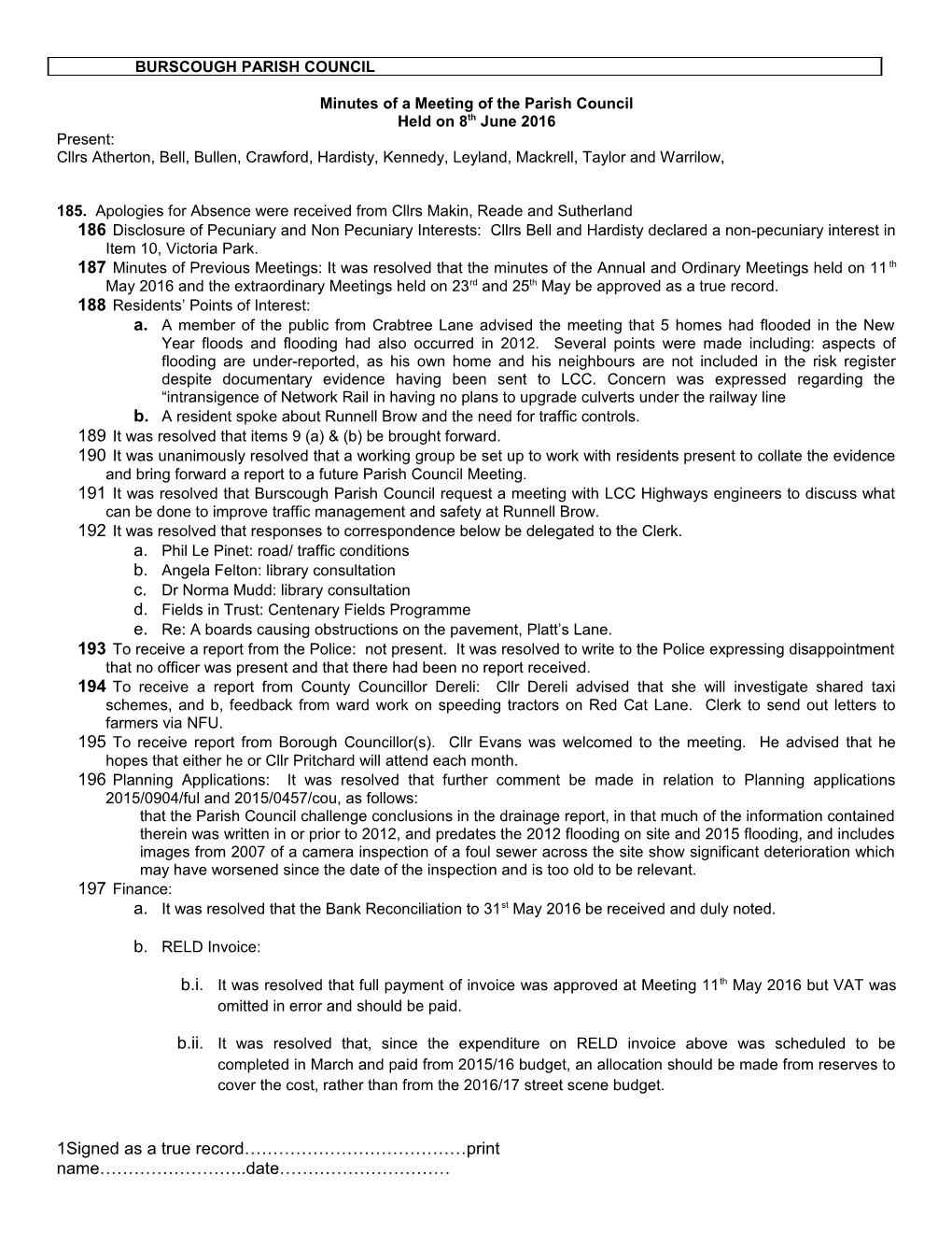 Minutes of a Meeting of the Parish Council