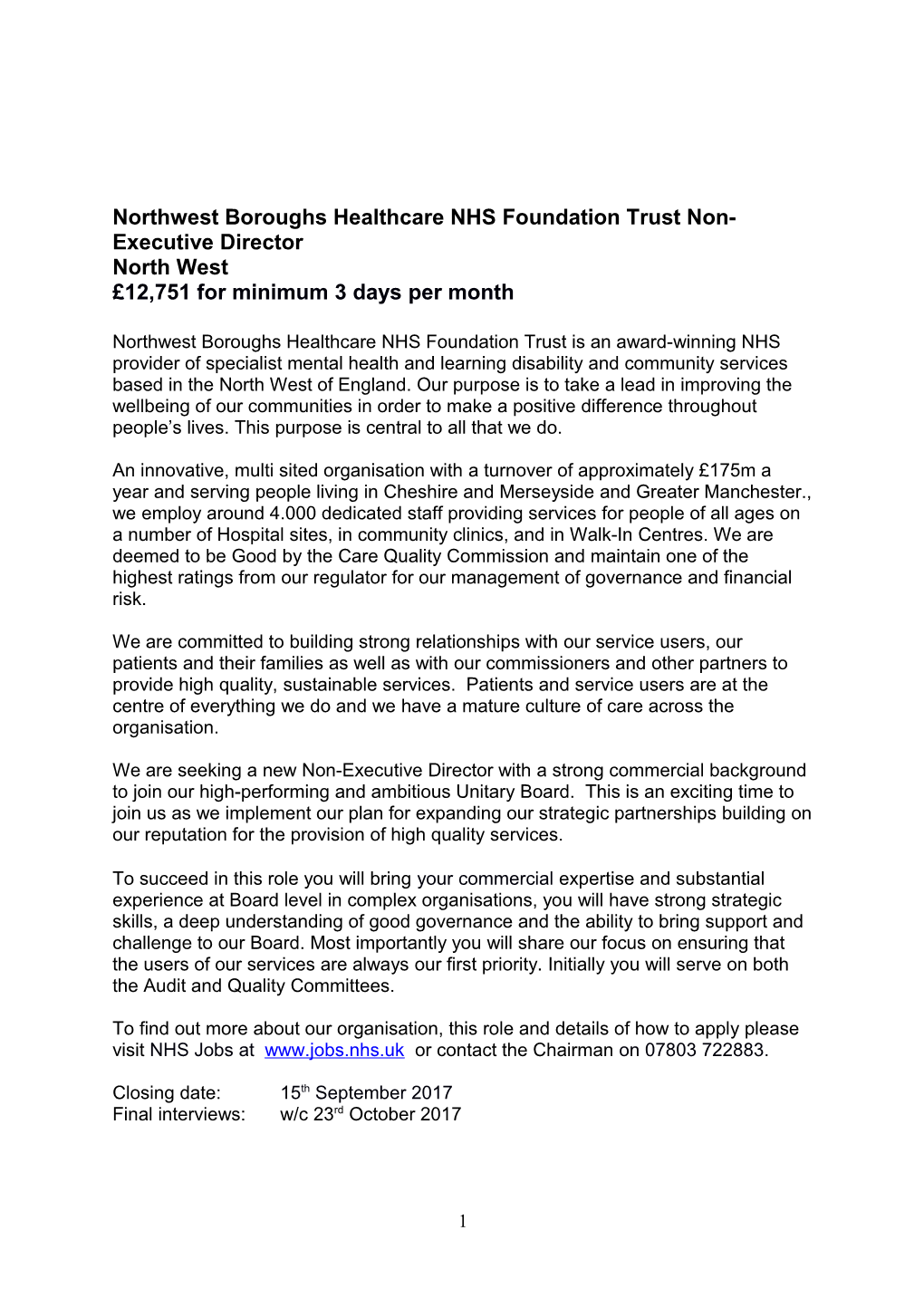 Northwest Boroughs Healthcare NHS Foundation Trust Non-Executive Director