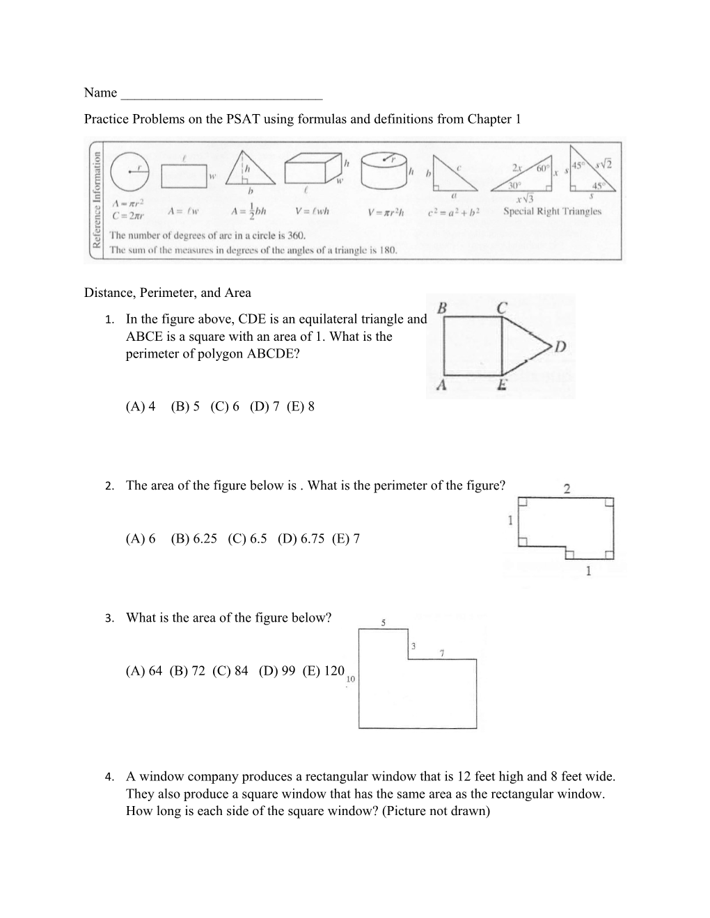 Practice Problems on the PSAT Using Formulas and Definitions from Chapter 1