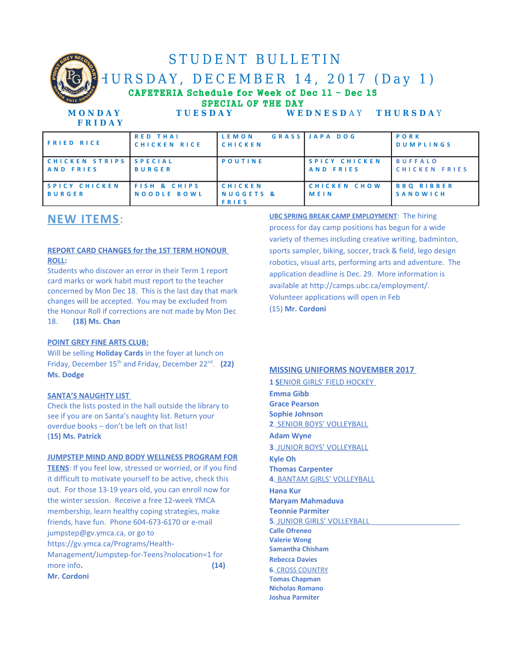 REPORT CARD CHANGES for the 1ST TERM HONOUR ROLL