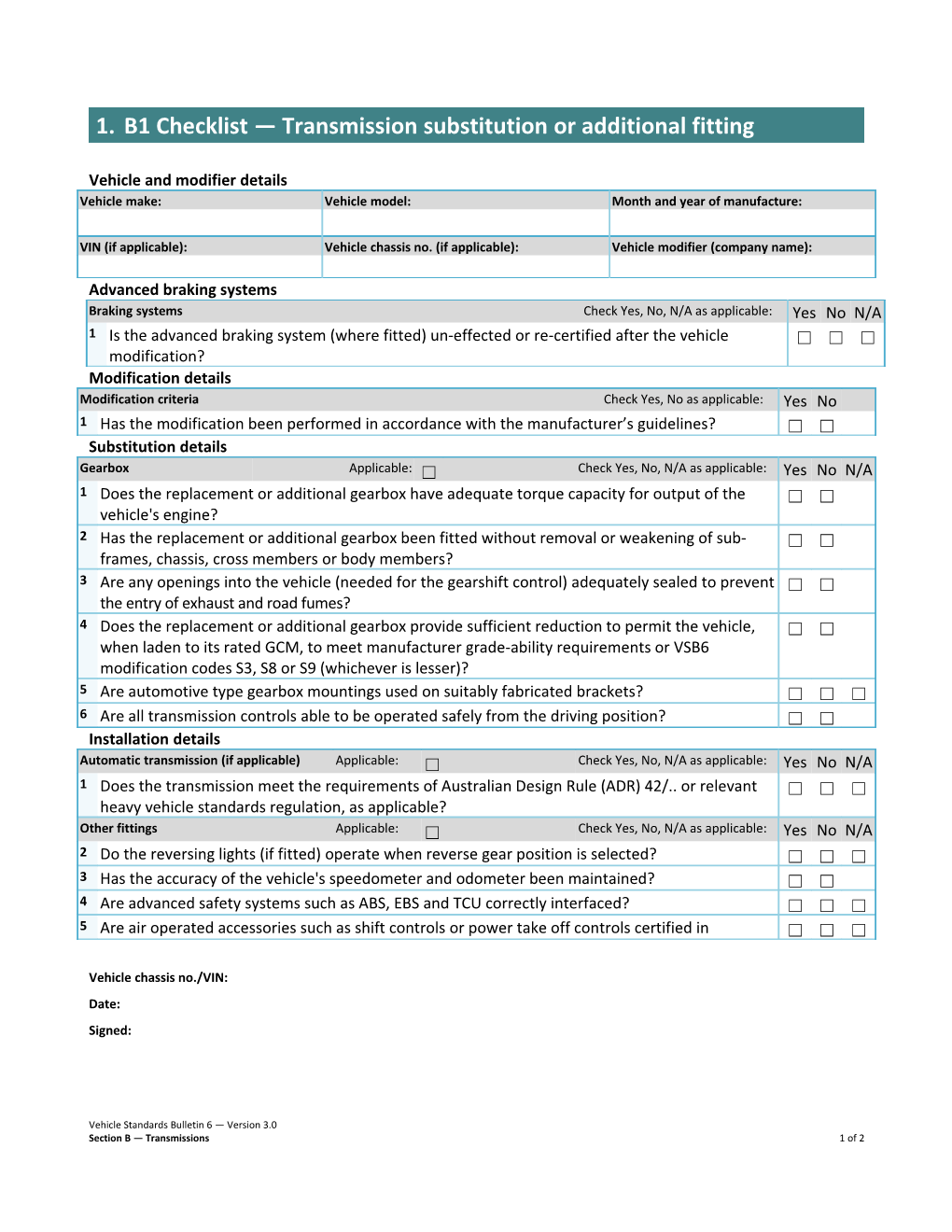 B1 Checklist Transmission Substitution Or Additional Fitting