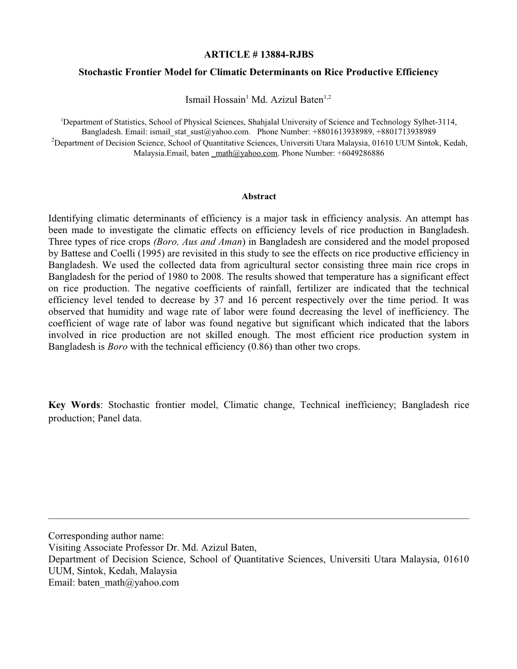 Stochastic Frontier Model for Climatic Determinants on Rice Productive Efficiency