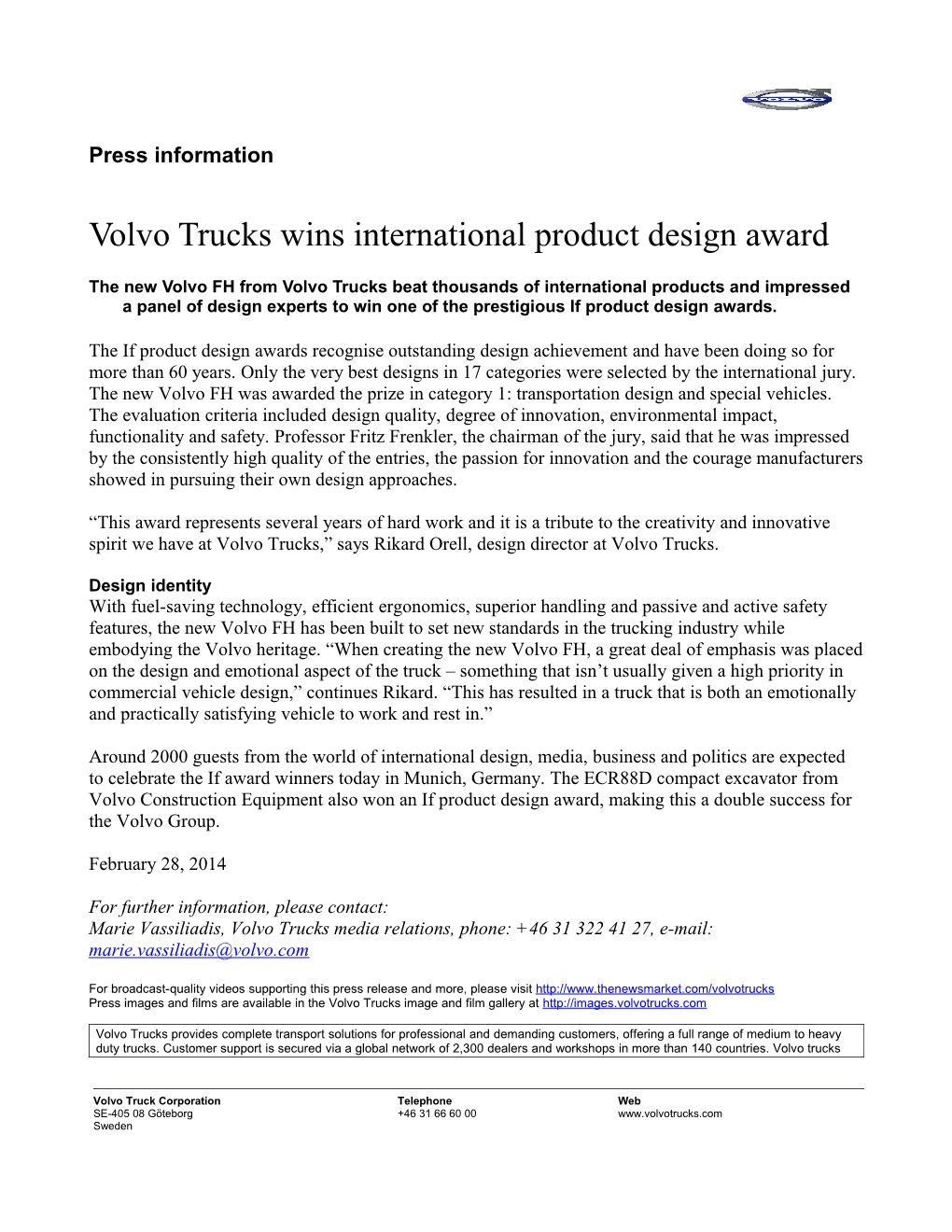 Volvo Trucks Wins International Product Design Award