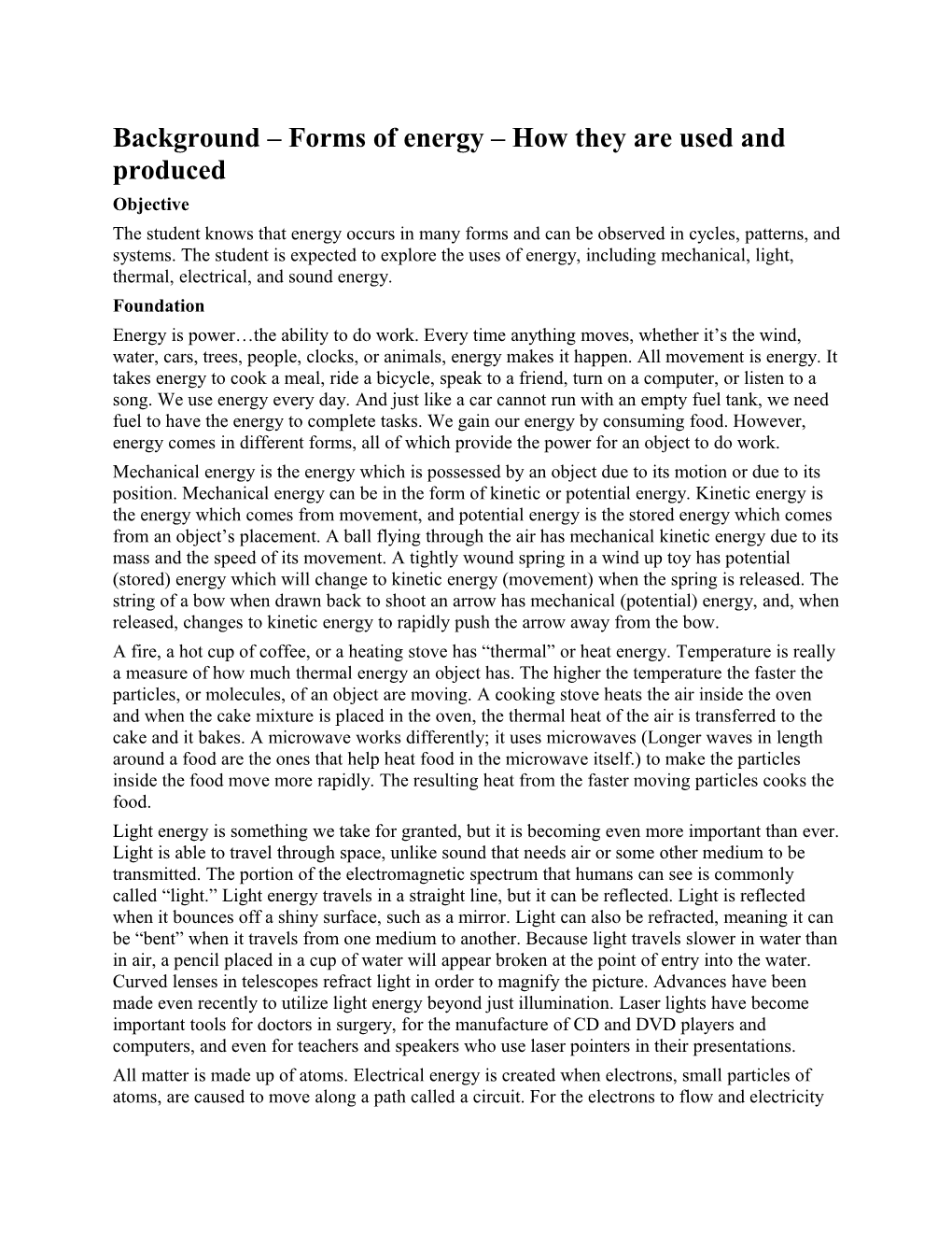 Background Forms of Energy How They Are Used and Produced