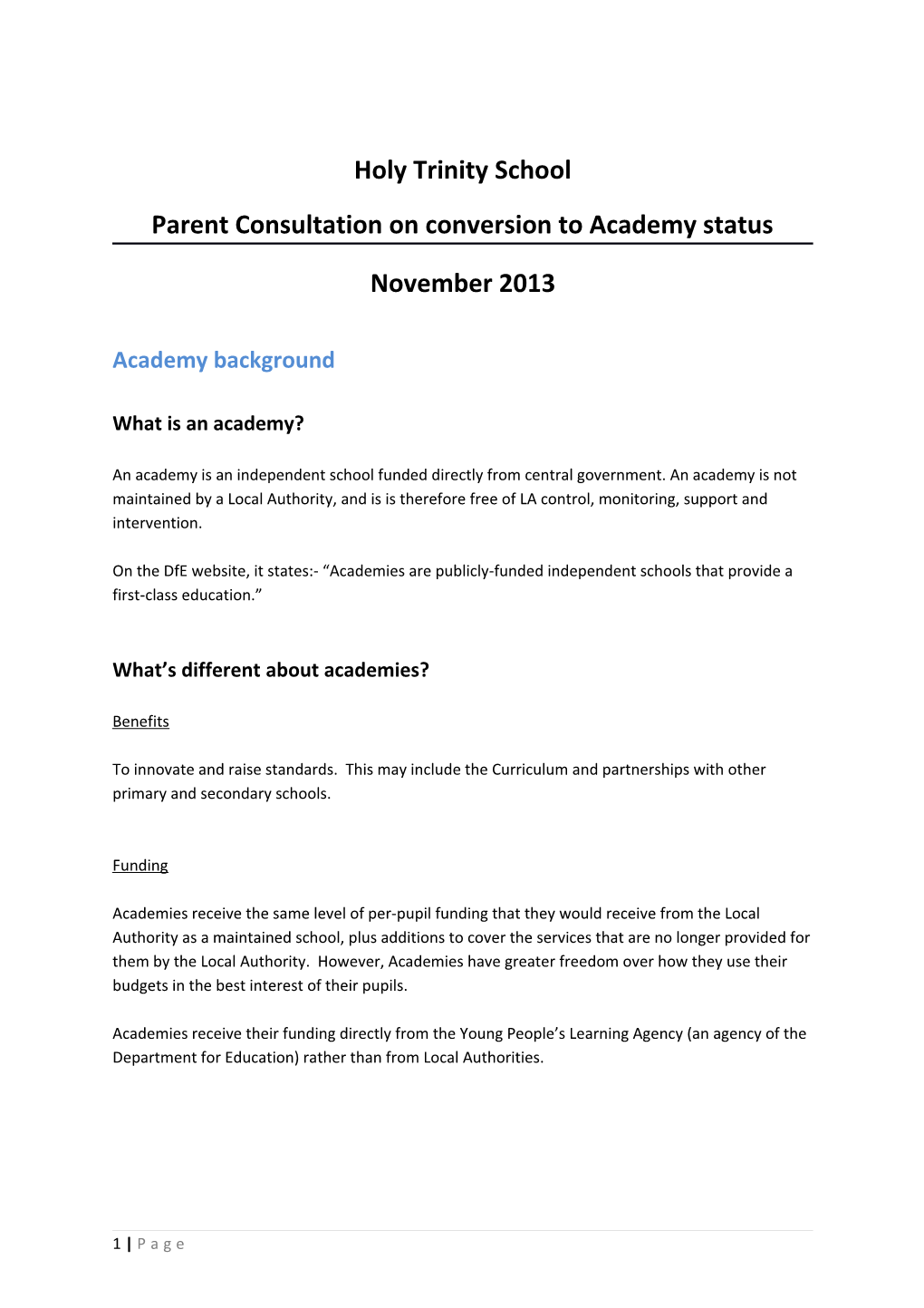 Parent Consultation on Conversion to Academy Status