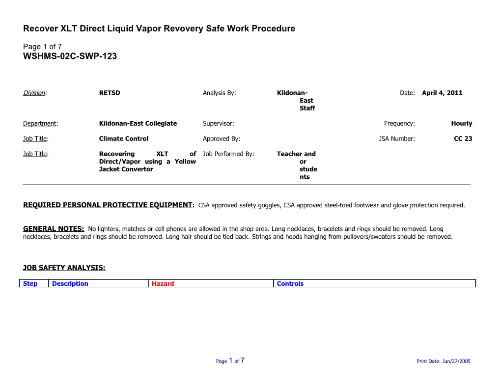 SWP-123 Recover XLT Direct Liquid Vapor Recovery Safe Work Procedure