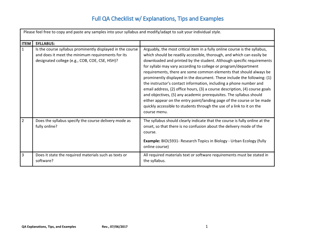 Full QA Checklist W/ Explanations, Tips and Examples