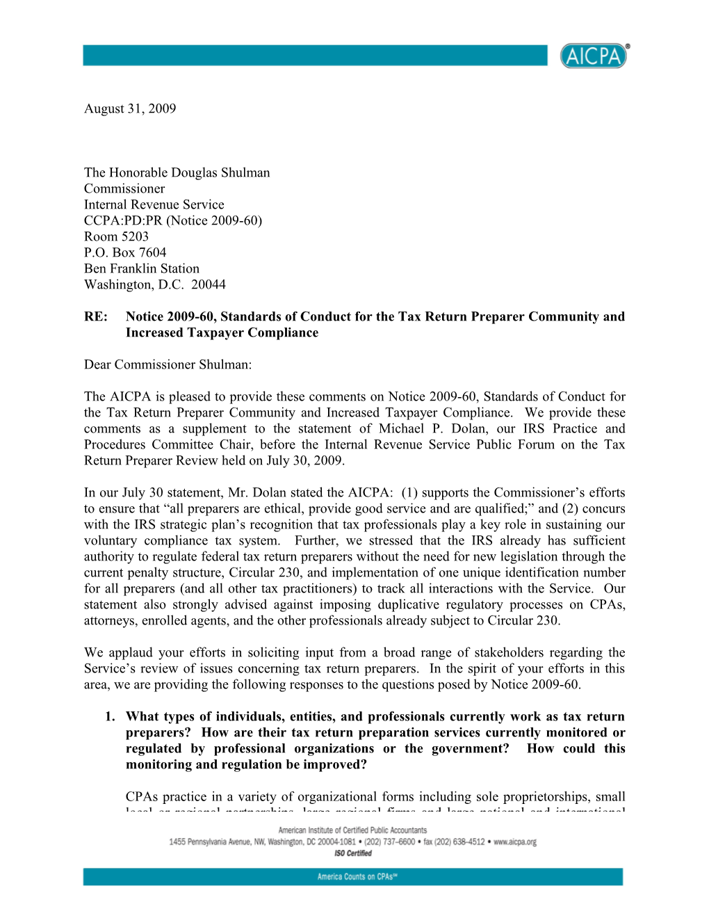 Letter from AICPA Tax Executive Committee to IRS Commissioner Shulman RE: Notice 2009-60