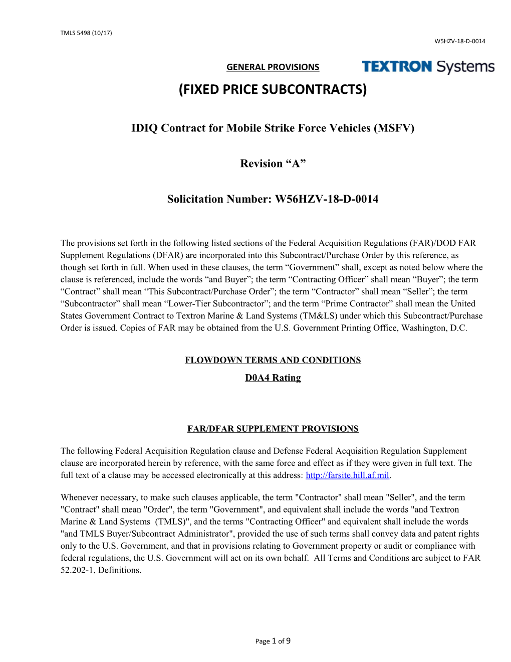 IDIQ Contract for Mobile Strike Force Vehicles (MSFV)