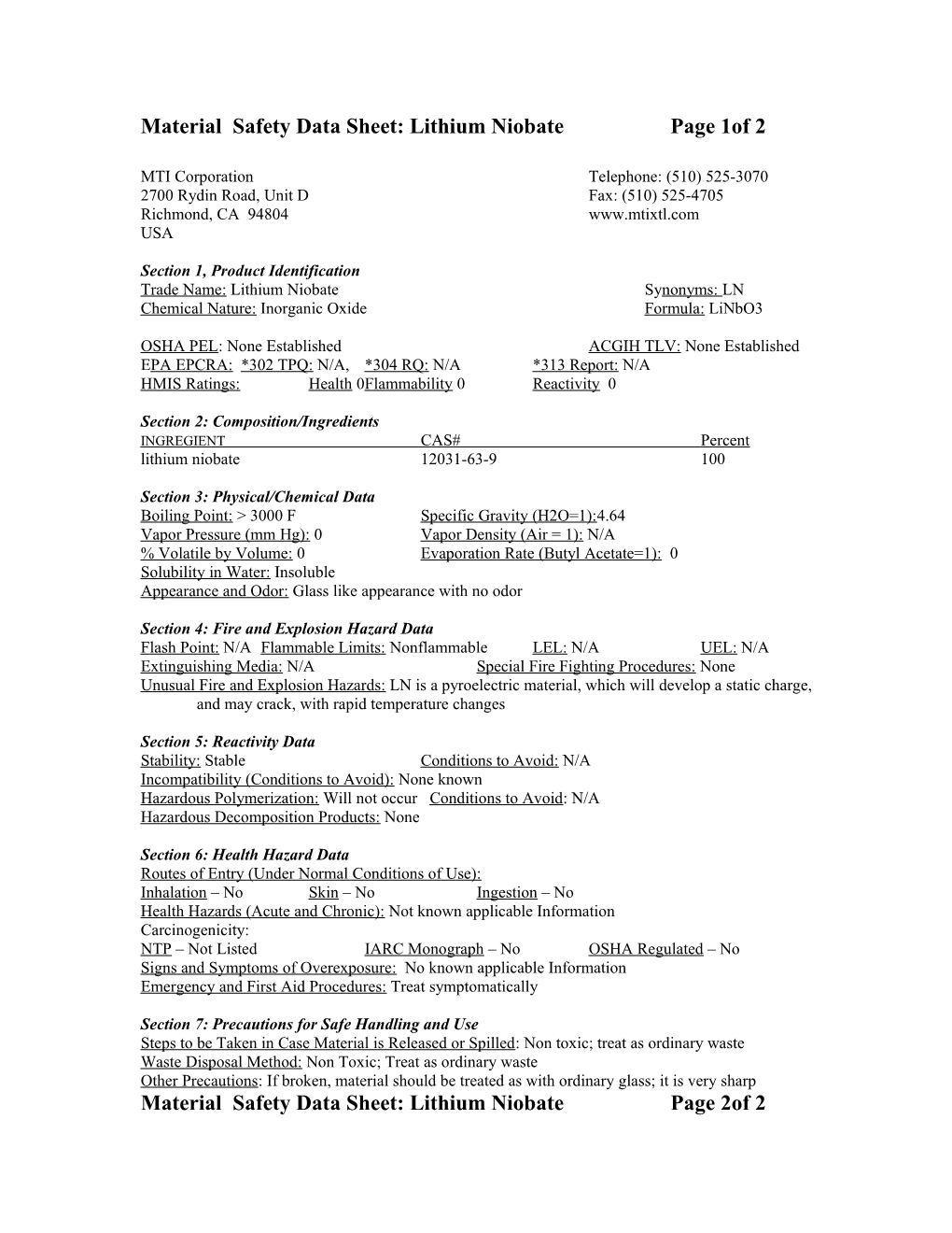 Material Safety Data Sheet: Lithium Niobate Page 1Of 2