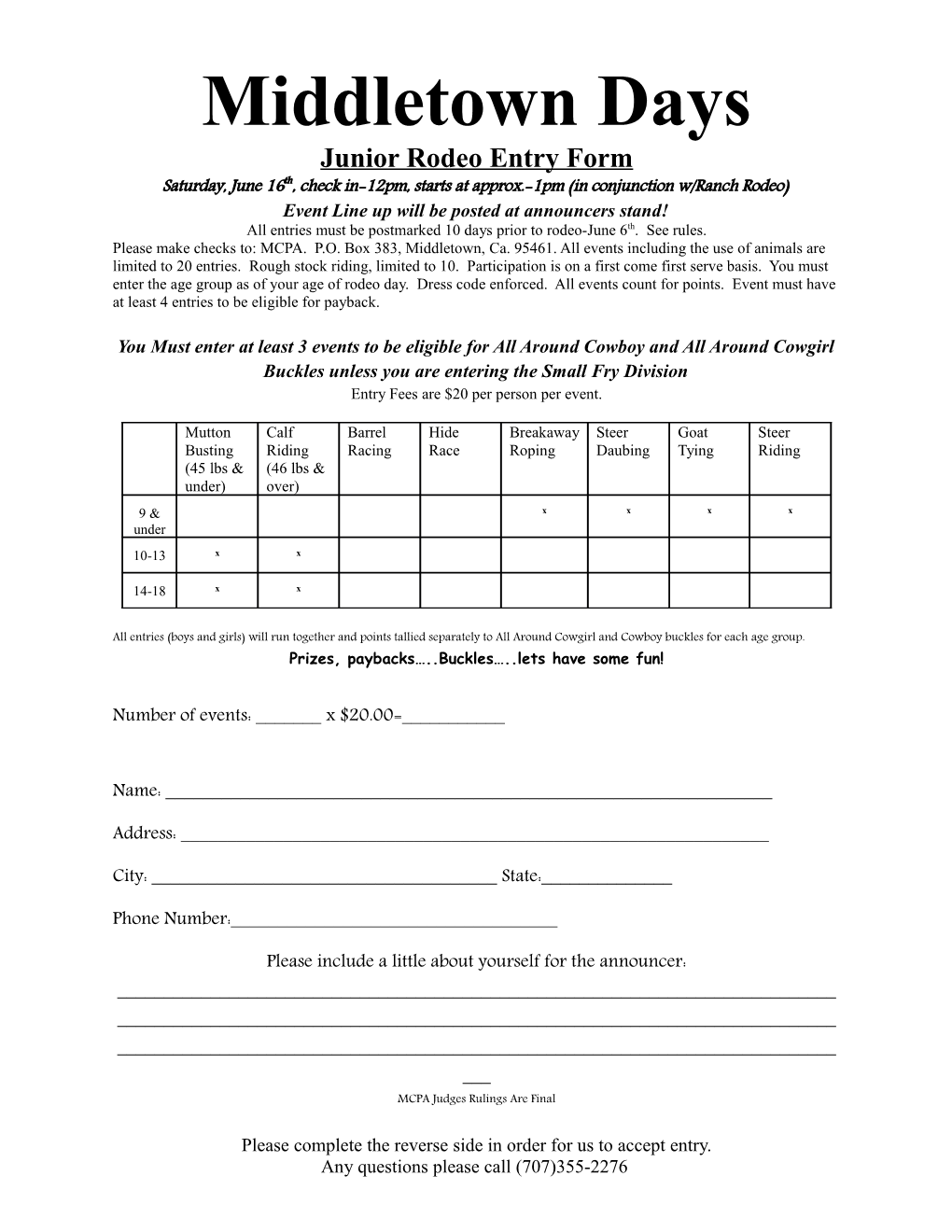 Junior Rodeo Entry Form
