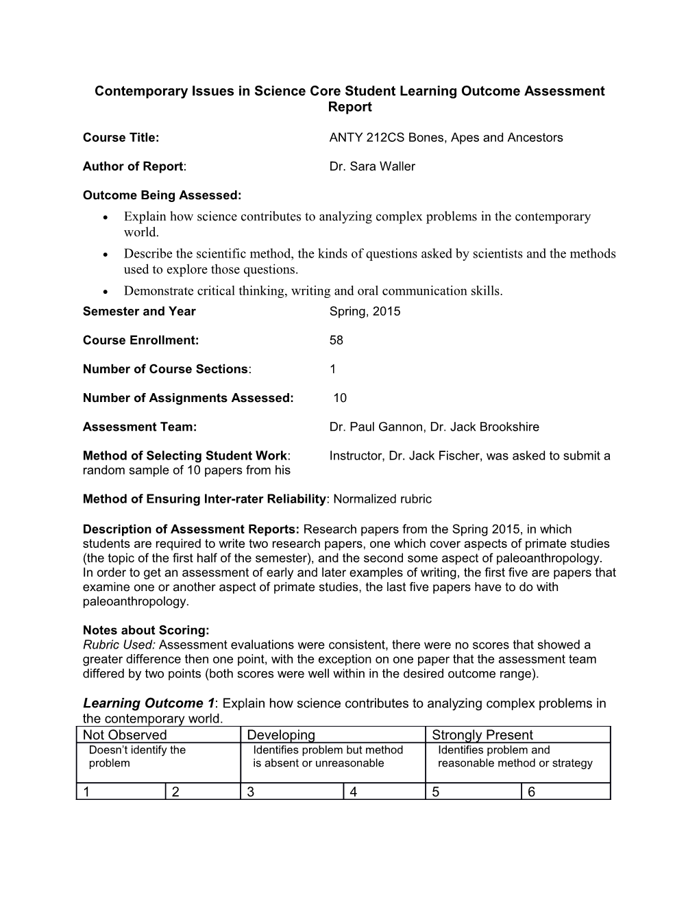 Contemporary Issues in Science Core Student Learning Outcome Assessment Report