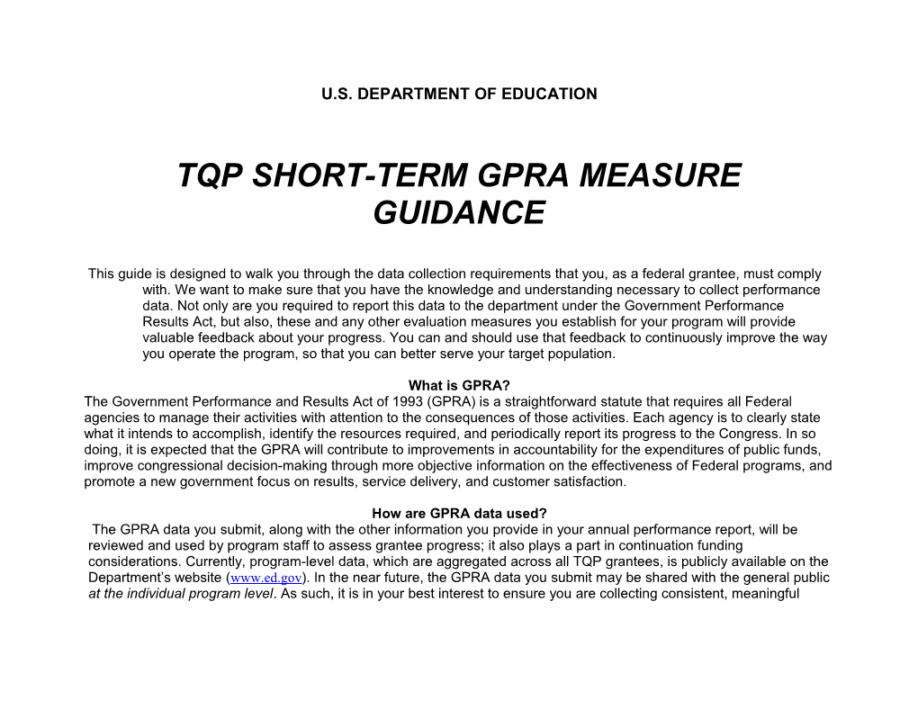 TQP Short-Term Gpra Measure Guidance