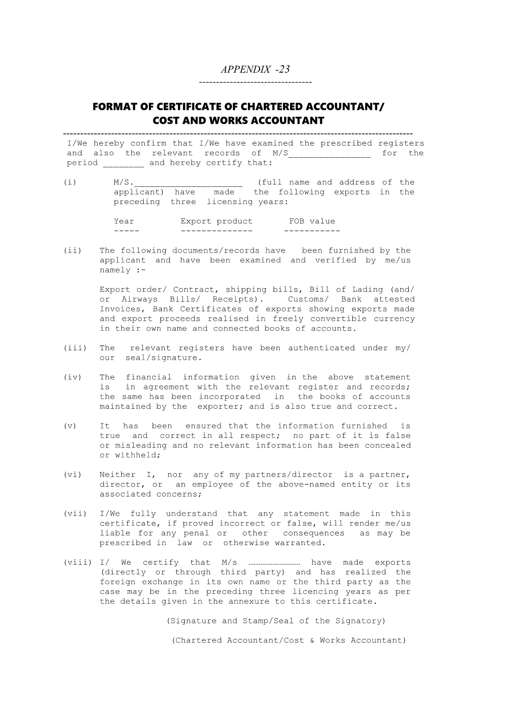 Format of Certificate of Chartered Accountant