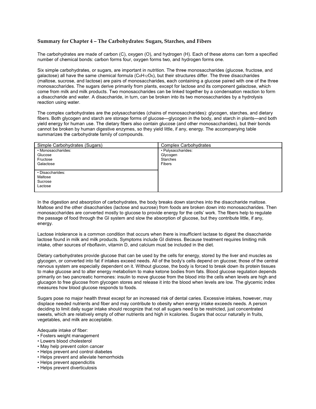 Summary for Chapter 4 the Carbohydrates: Sugars, Starches, and Fibers