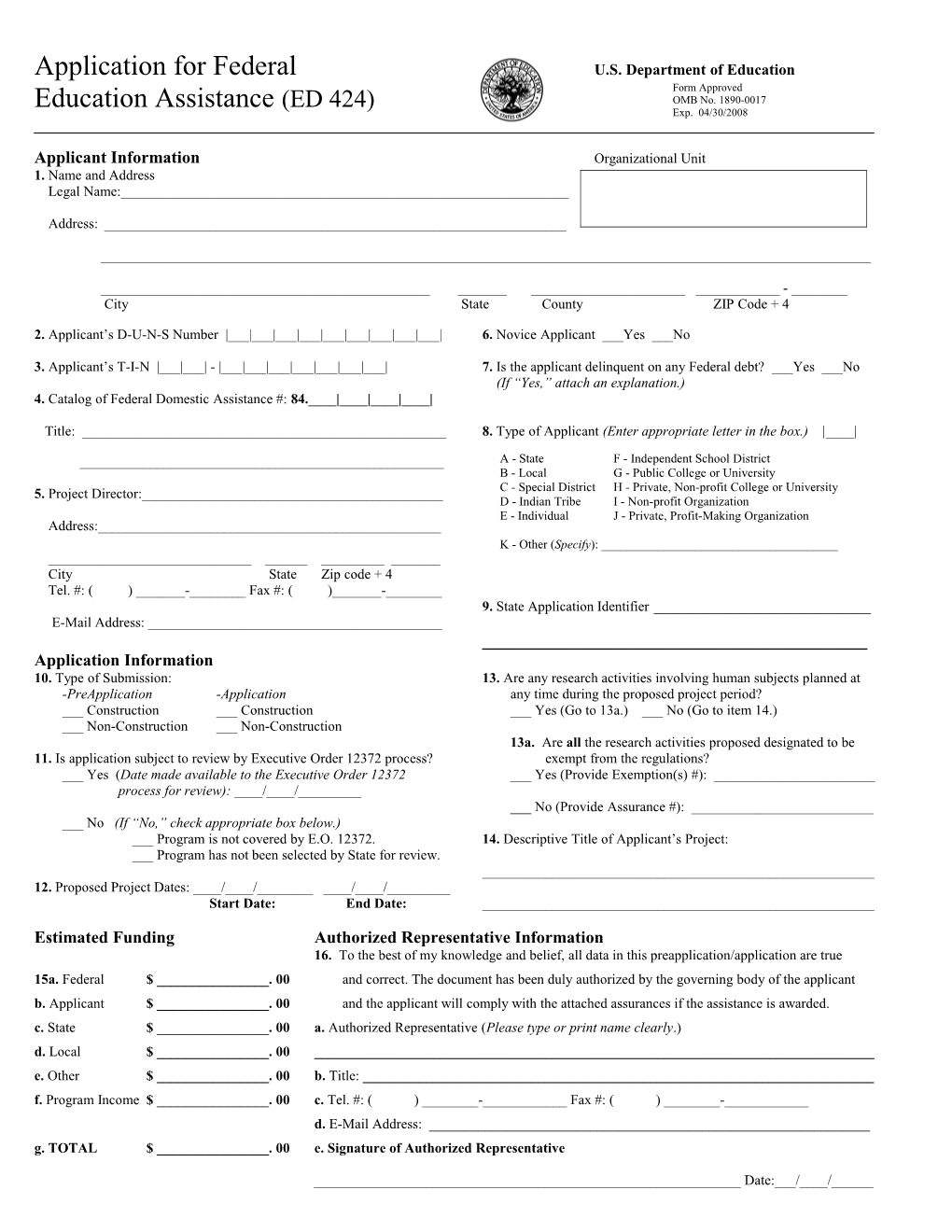 ED Form 424 Application for Federal Education Assistance (MS Word)