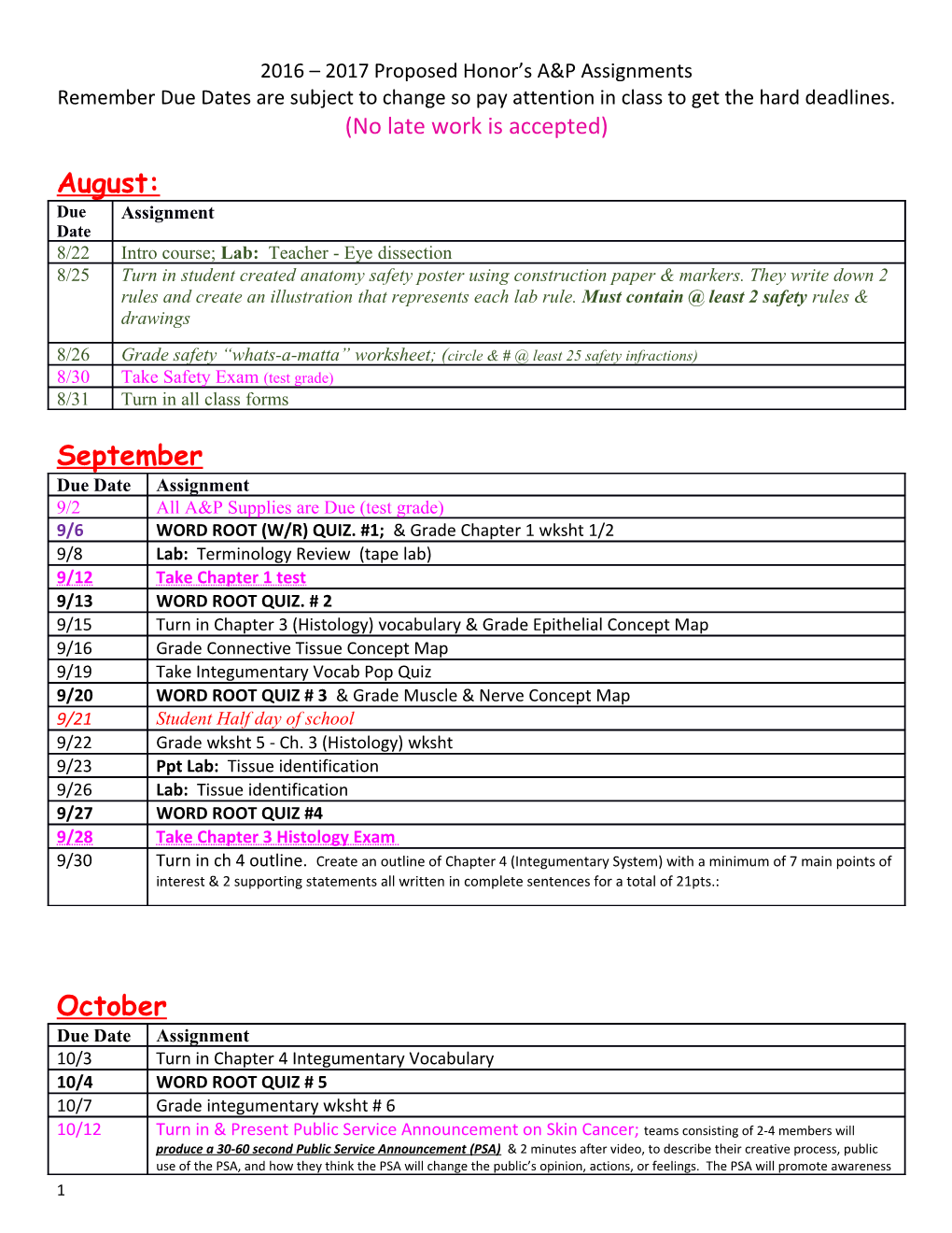 2016 2017 Proposed Honor S A&P Assignments