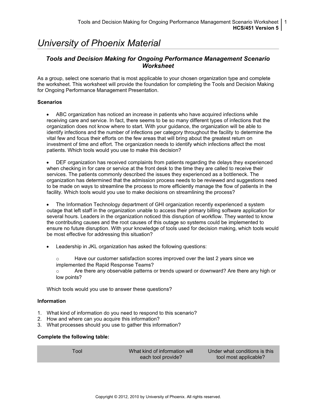 Tools and Decision Making for Ongoing Performance Management Scenario Worksheet