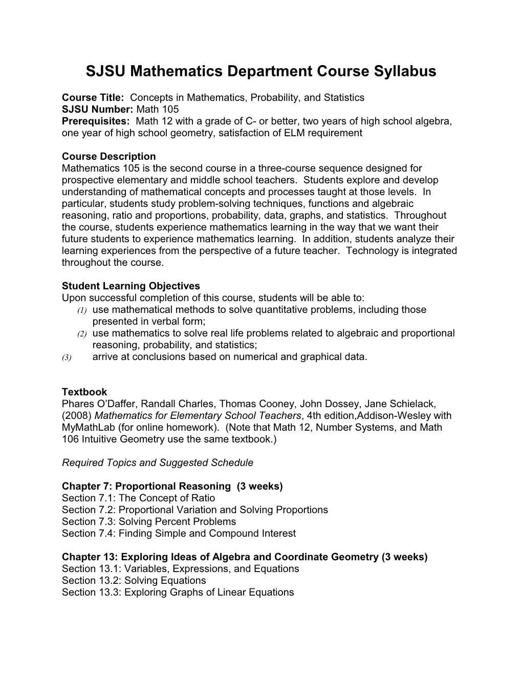 SJSU Mathematics Department Course Syllabus