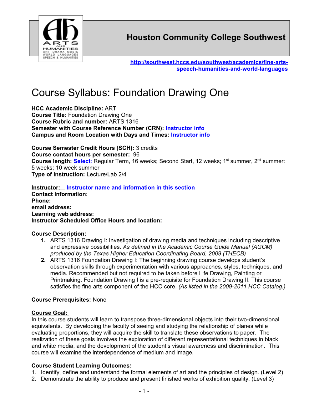 Course Syllabus: Foundation Drawing One