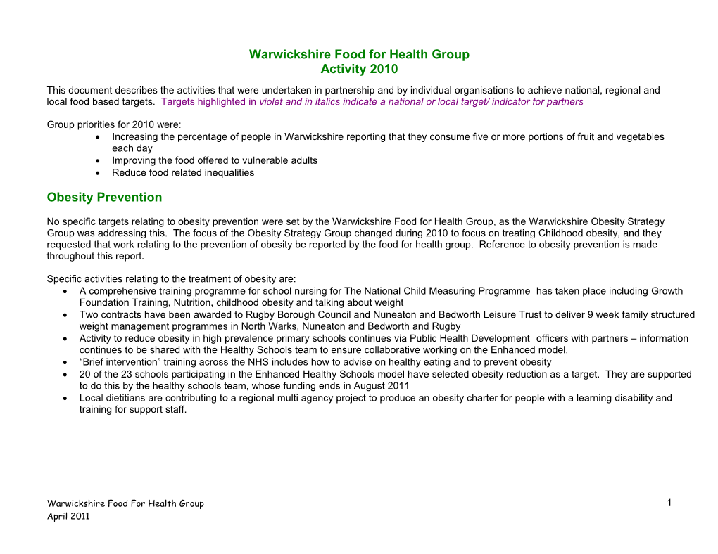 Warwickshire Food for Health Strategy Action Plan 2002 2005