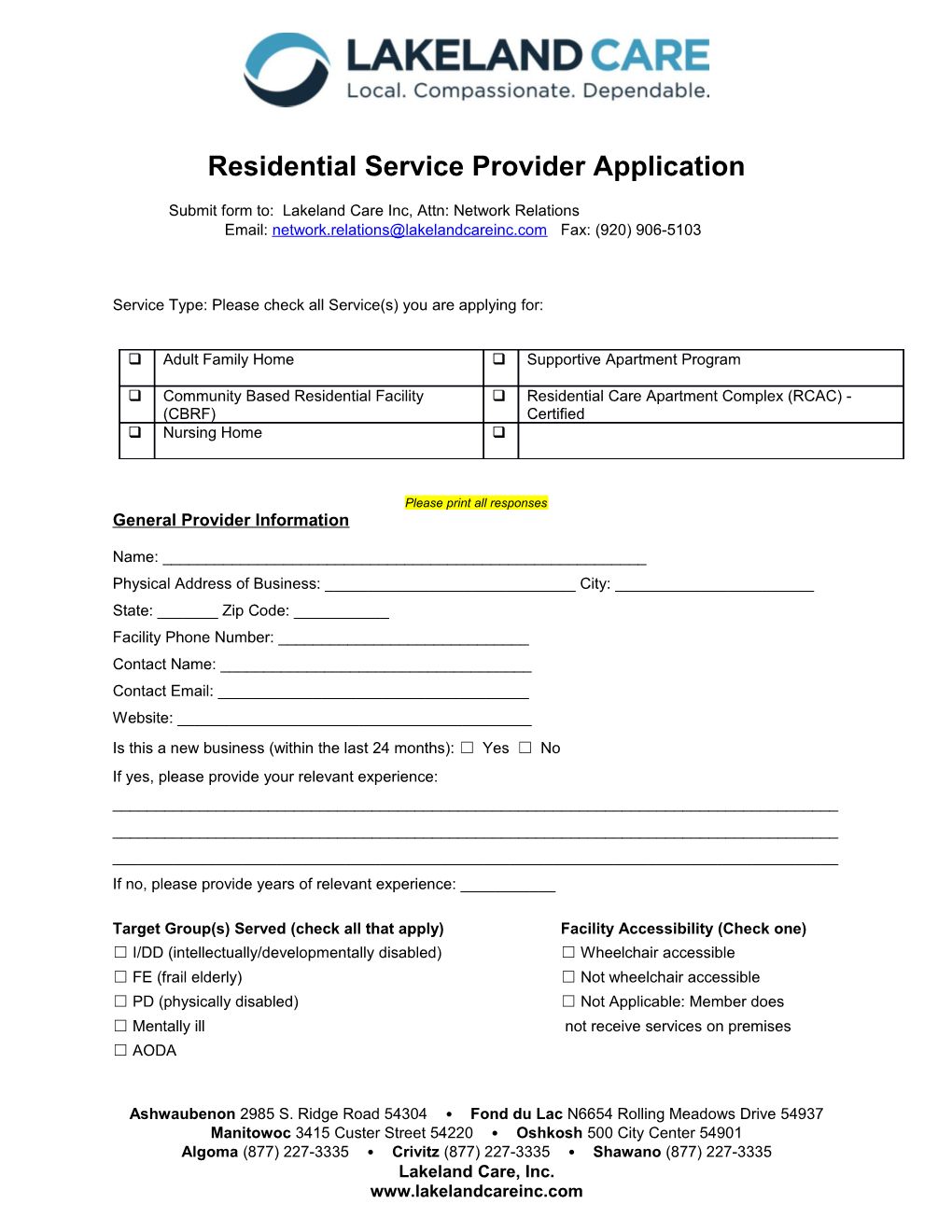 Residential Service Provider Application
