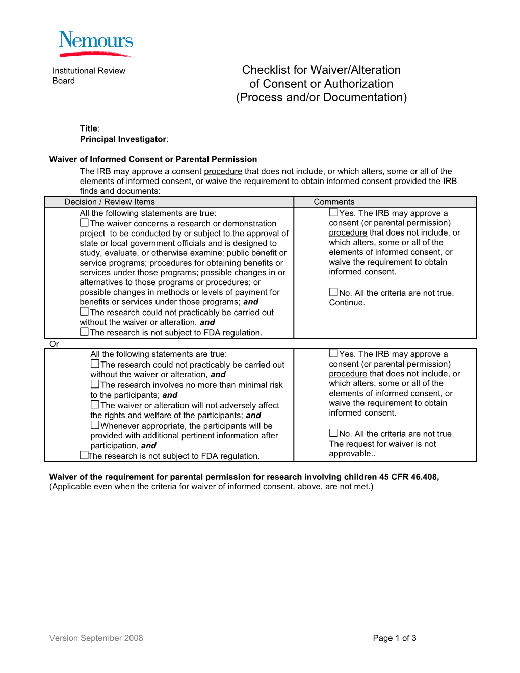 Waiver Or Alteration of the Consent Process 45 CFR 46