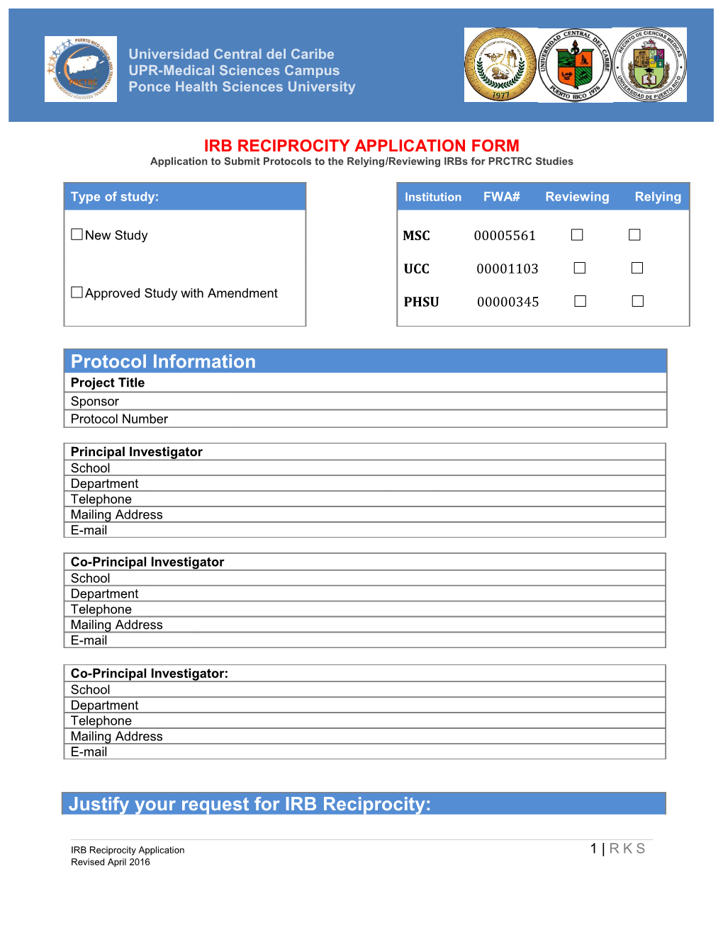Irb Reciprocity Application Form