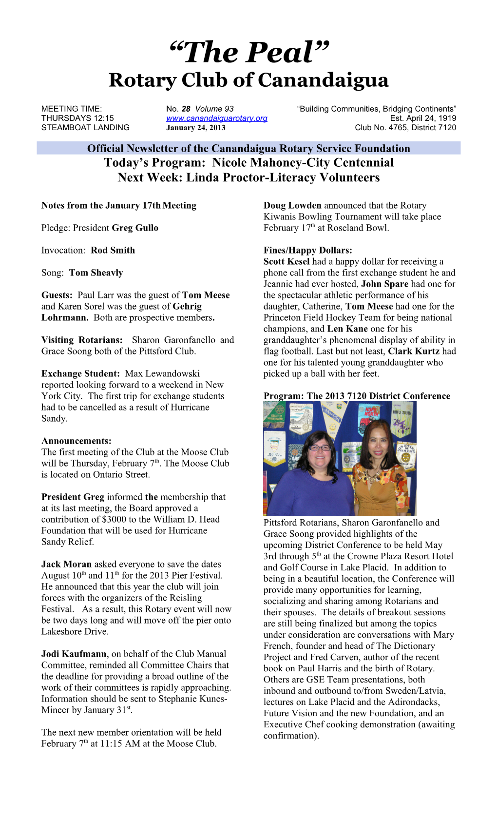 Official Newsletter of the Canandaigua Rotary Service Foundation