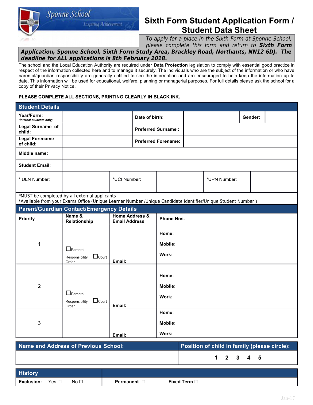 Sixth Form Student Application Form / Student Data Sheet