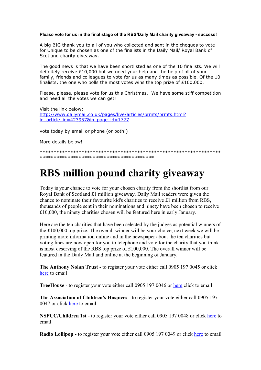 Please Vote for Us in the Final Stage of the RBS/Daily Mail Charity Giveaway - Success