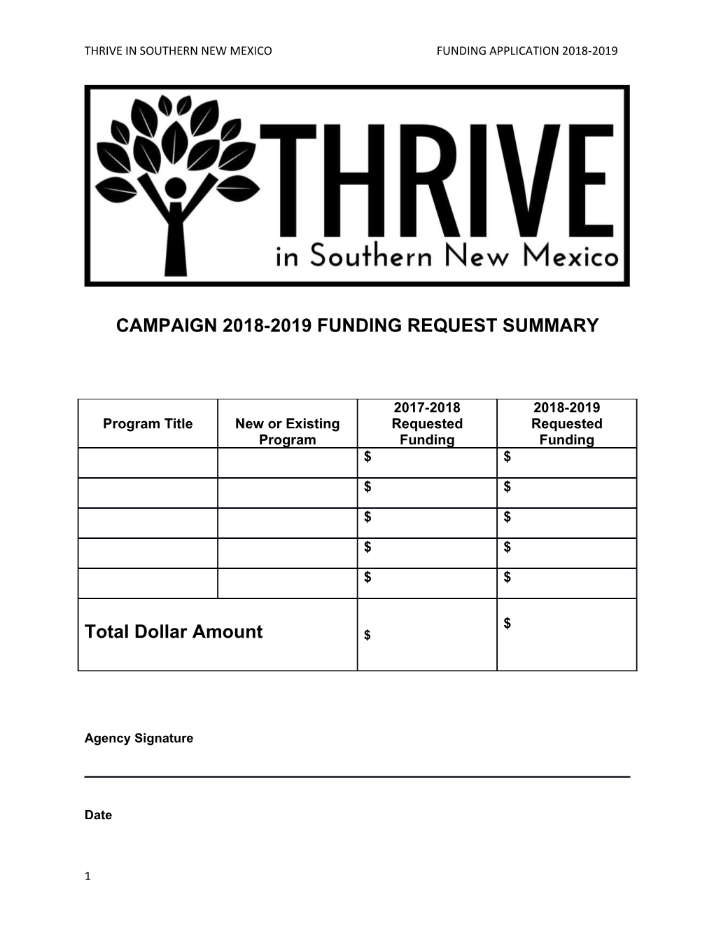Thrive in Southern New Mexico Funding Application 2018-2019