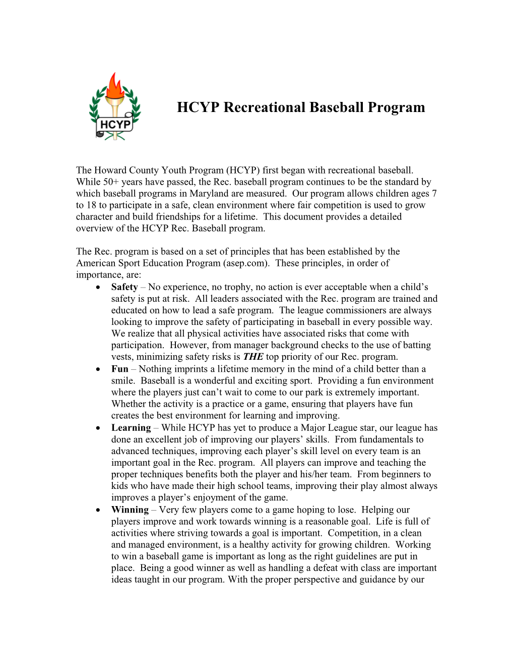 HCYP Recreational Baseball Program