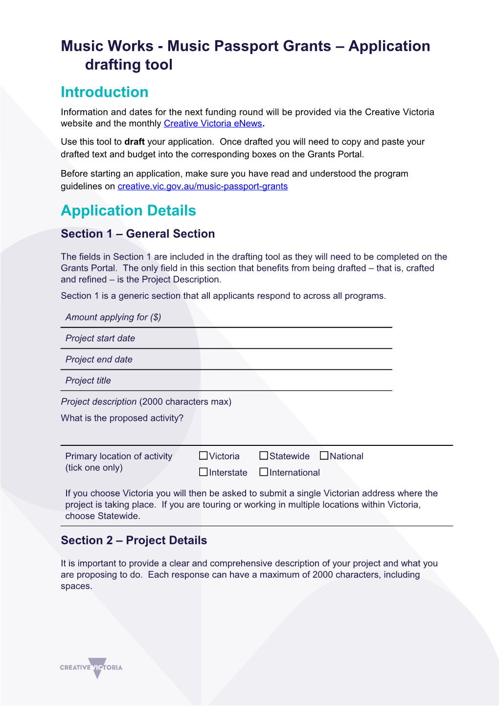 Music Works - Music Passport Grants Application Drafting Tool