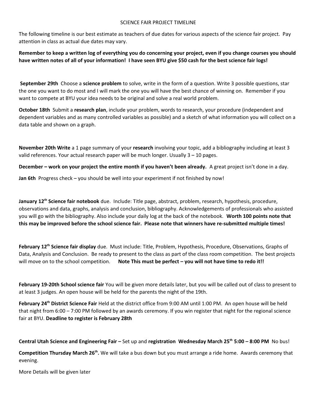 Science Fair Project Timeline