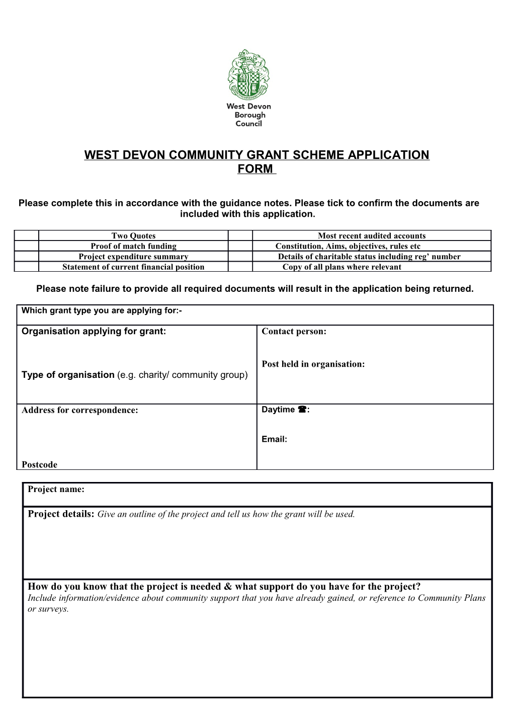 West Devon Community Grant Scheme Application Form