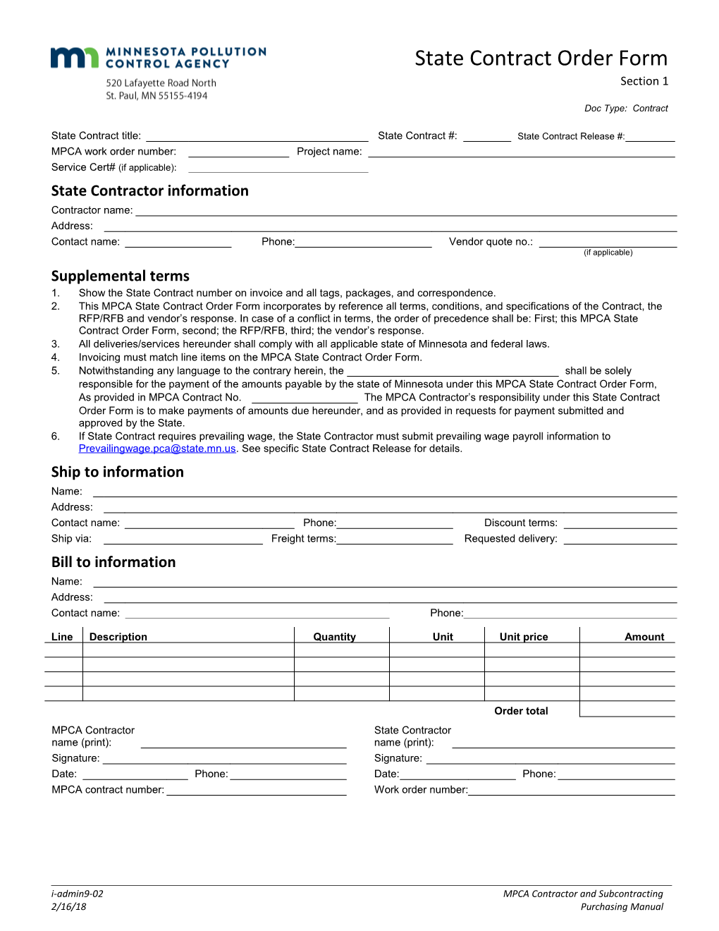 State Contract Order Form