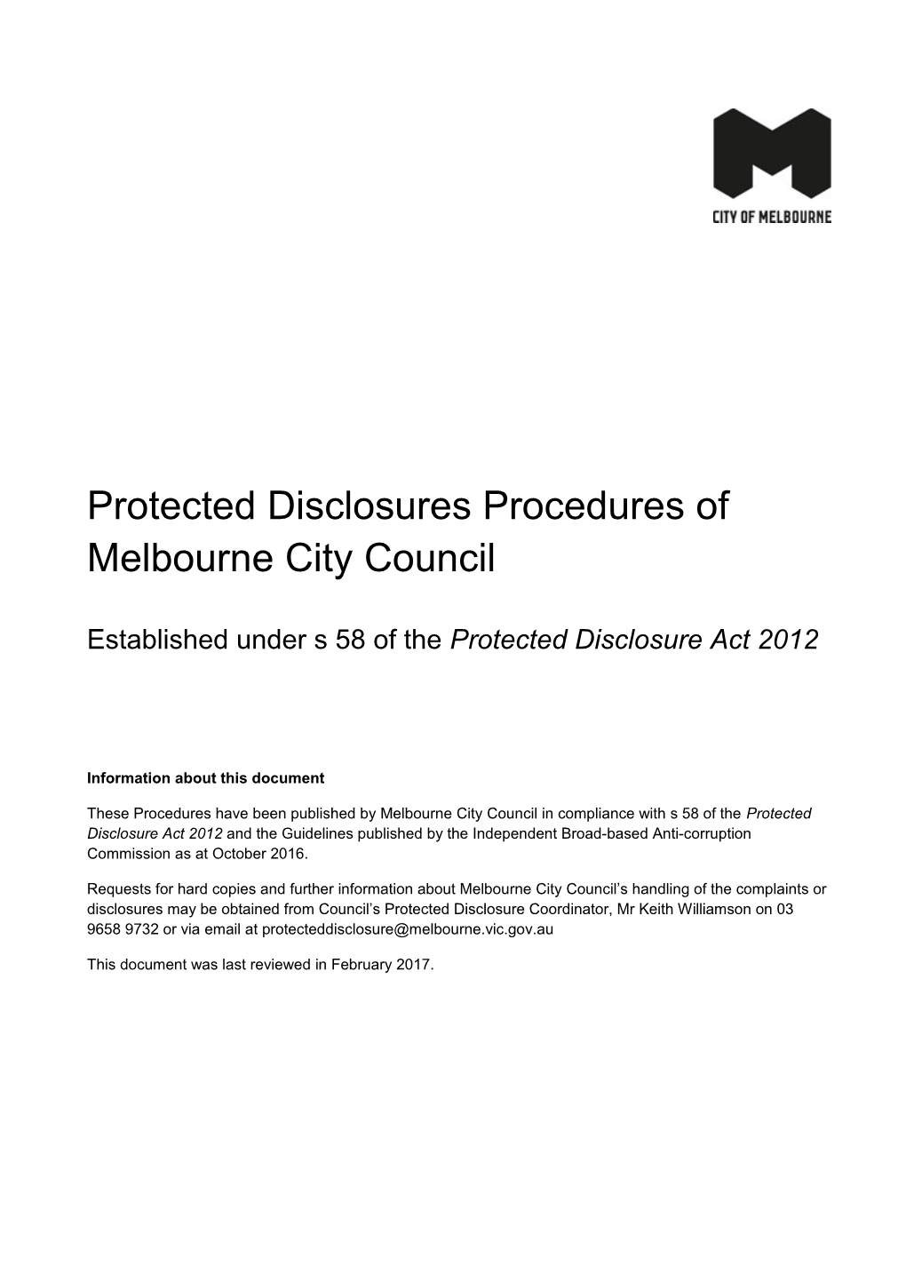 Protected Disclosures Procedures of Melbourne City Council