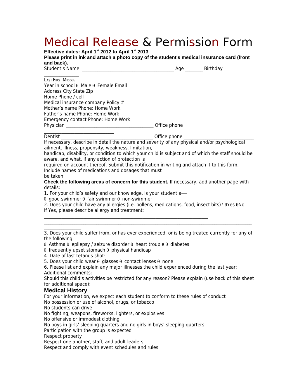 Medical Release & Permission Form