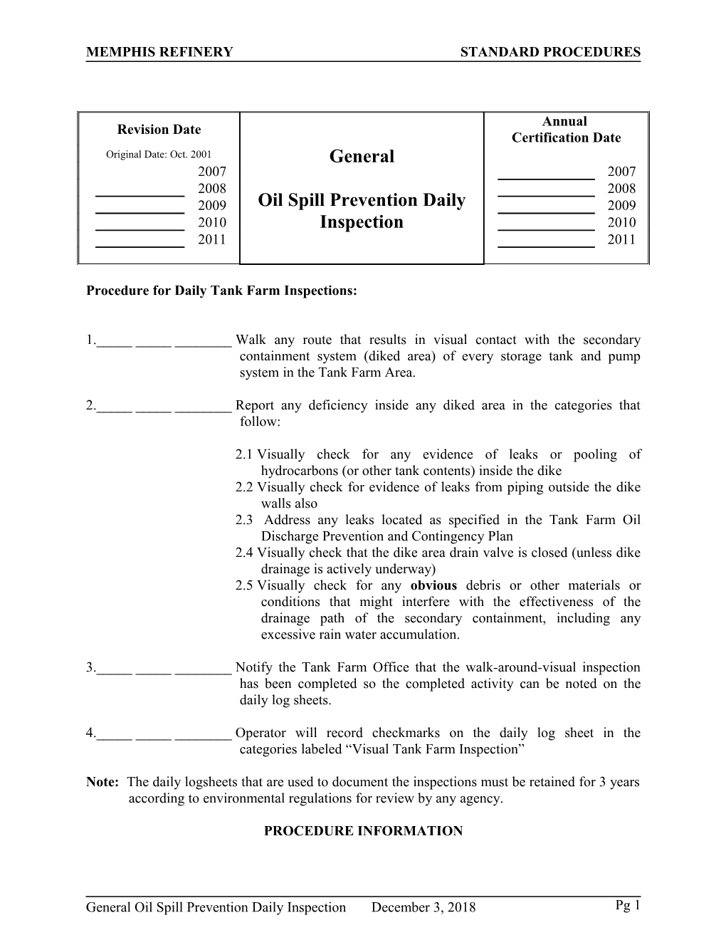 Procedure for Daily Tank Farm Inspections