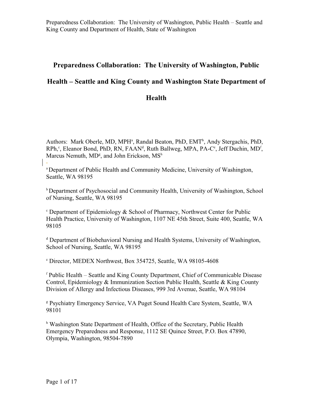 Preparedness Collaboration: the University of Washington, Public Health Seattle and King