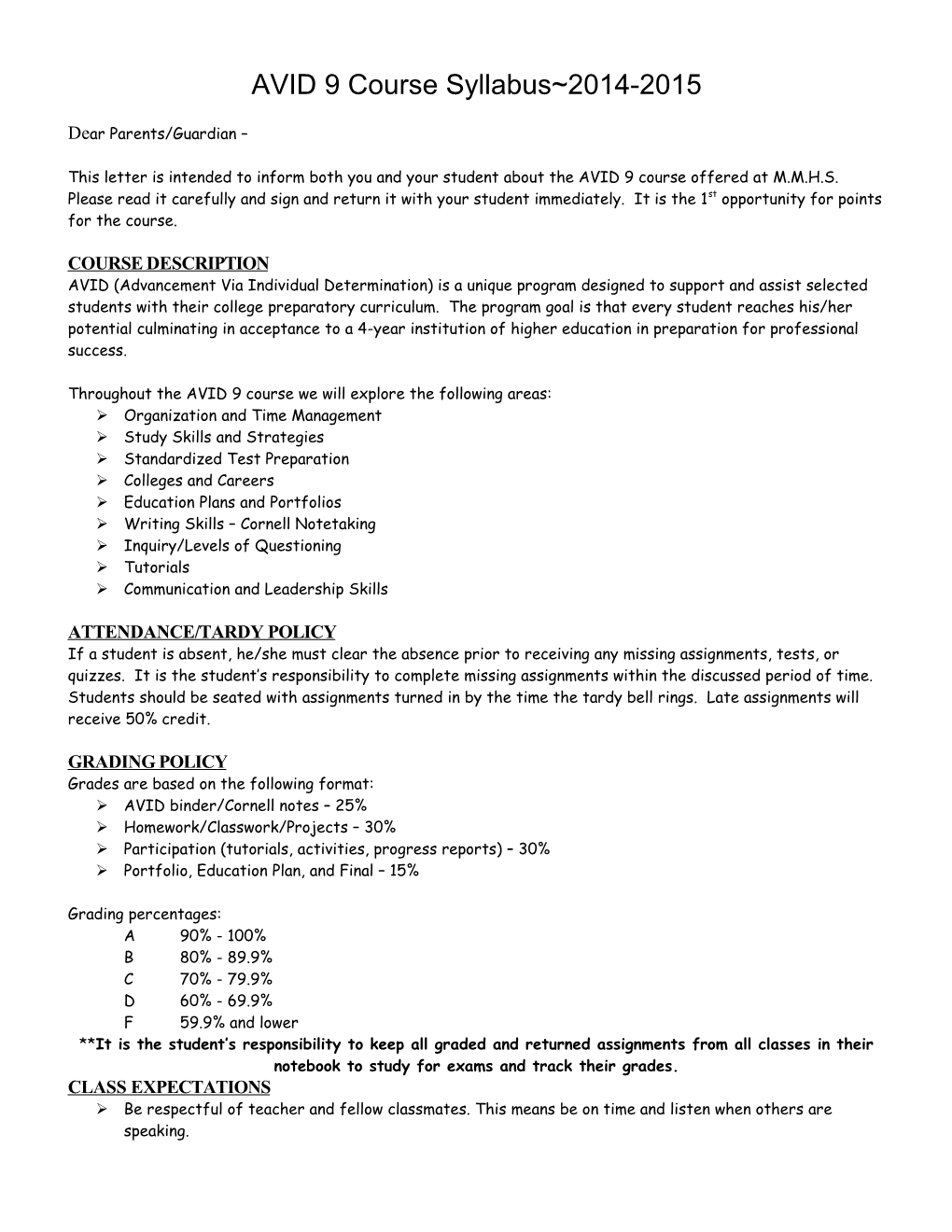 AVID 9 Course Syllabus 2011-2012