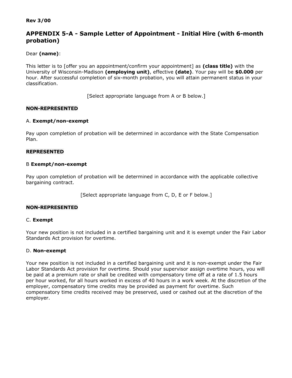 APPENDIX 5-A - Sample Letter of Appointment - Initial Hire (With 6-Month Probation)