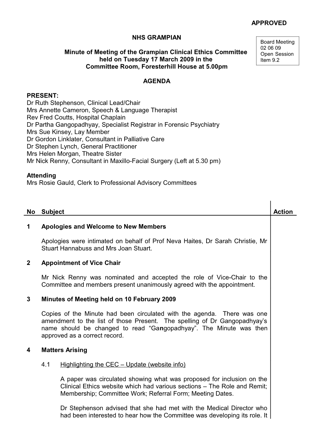 Item 9.2 Jun 09 Clinical Ethics Committee Minute of 17 March 2009