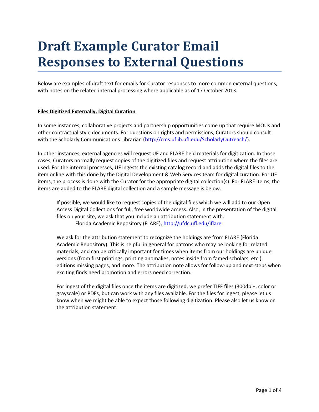 Draft Example Curator Email Responses to External Questions