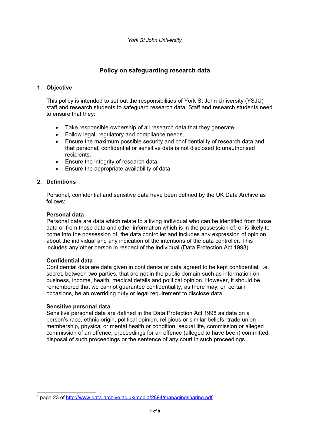 Policy on Safeguarding Research Data