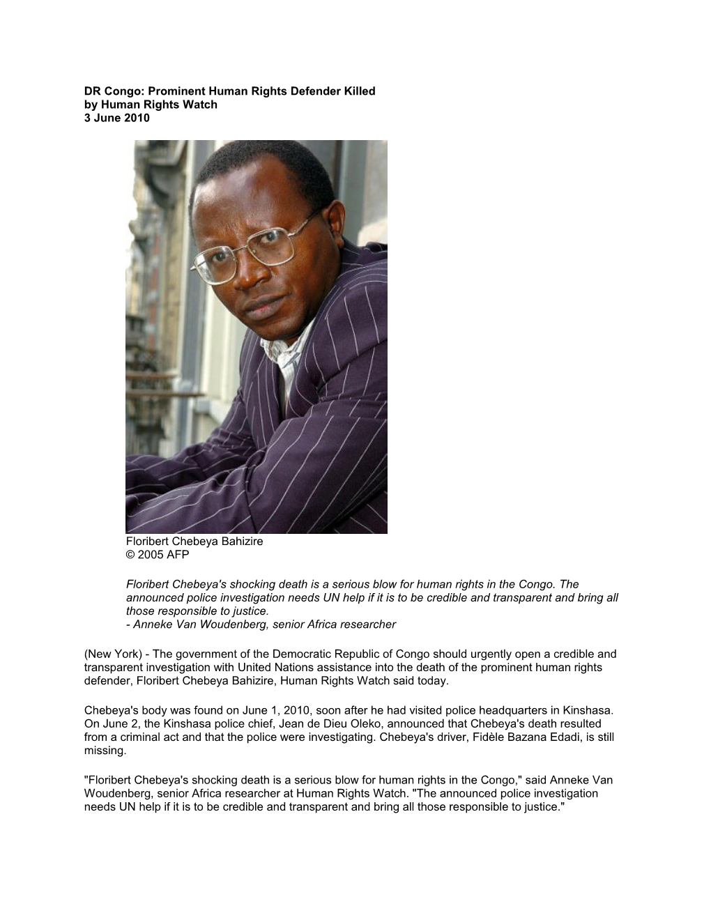 DR Congo: Prominent Human Rights Defender Killed by Human Rights Watch 3 June 2010