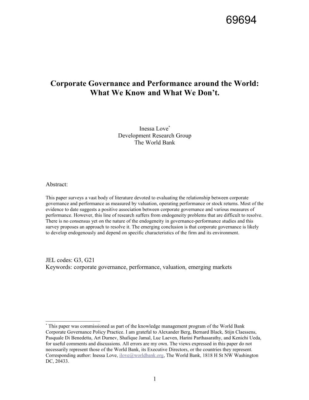 Survey of Empirical Literature on Corporate Governance and Performance