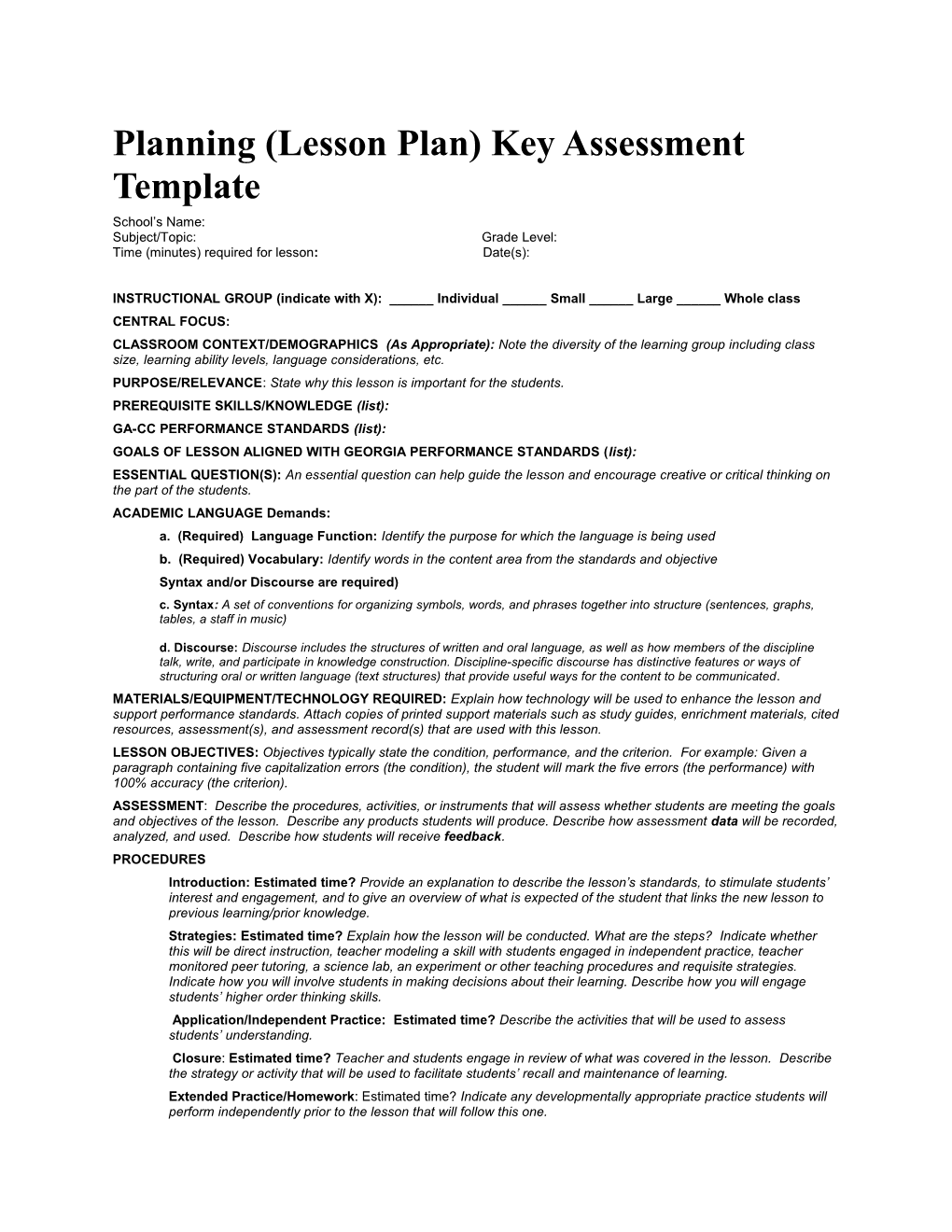 Planning (Lesson Plan) Key Assessment Template